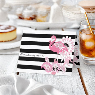 Modern Black and White Stripe Pink Flamingo Thank You Card