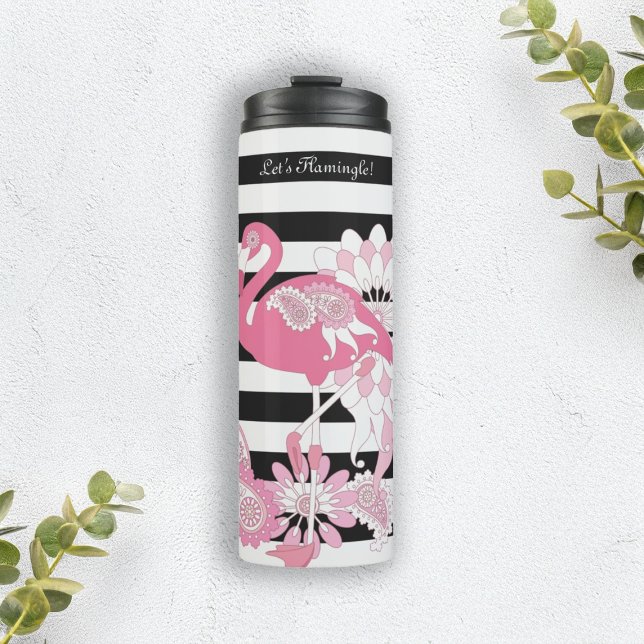 Modern Black and White Stripe Pink Flamingo Thermal Tumbler (Creator Uploaded)