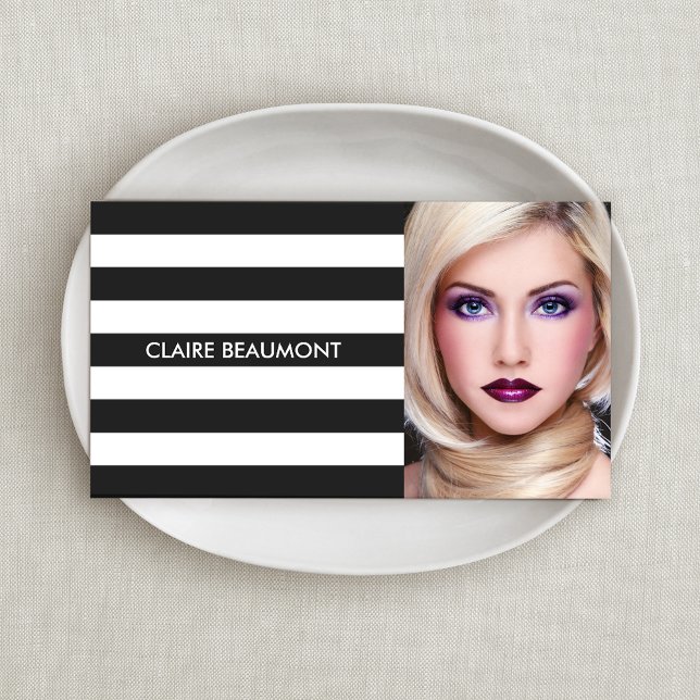 Modern Black and White Striped Black Salon Photo Business Card (Creator Uploaded)