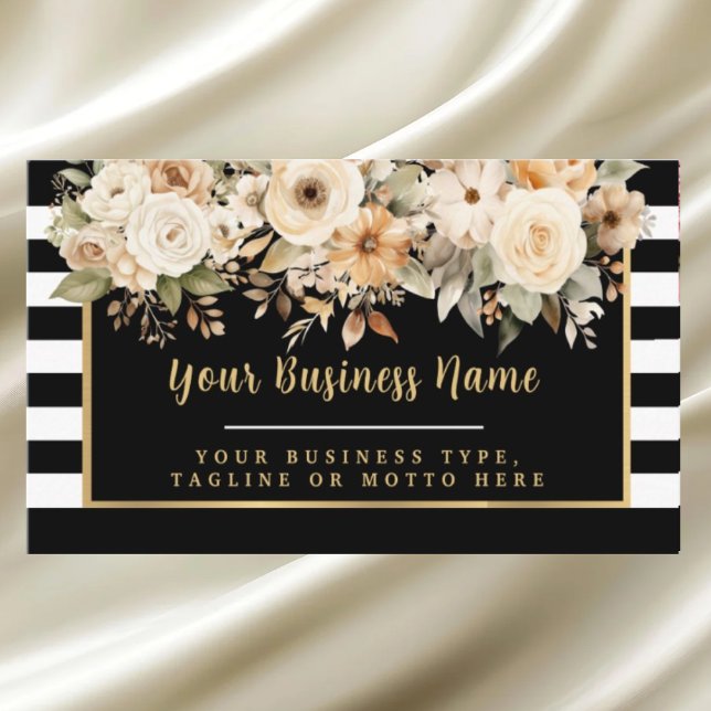 Modern Black and White Striped Floral Business Car Business Card (Creator Uploaded)
