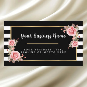 Modern Black and White Striped Floral Business Car Card