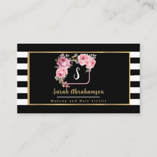 Modern Black and White Striped Floral  Business Card