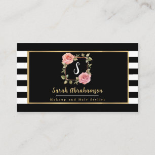 Modern Black and White Striped Floral Business Card