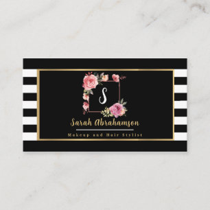 Modern Black and White Striped Floral Business Card