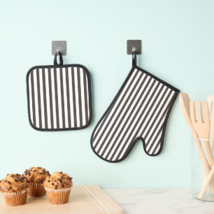 Modern Black and White Striped Oven Mitt & Pot Holder Set