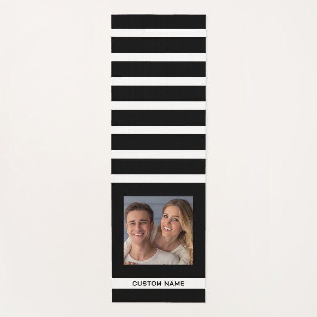 Modern Black And White Striped Personalized Photo Yoga Mat (Front)