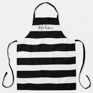 Modern Black and White Striped Script Personalized Apron
