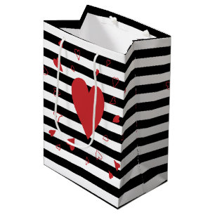 Modern Black and White Stripes and Red Hearts Medium Gift Bag