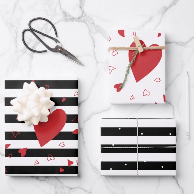 Modern Black and White Stripes and Red  Hearts Wrapping Paper Sheet (Front)