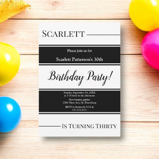 Modern Black And White Stripes Elegant Birthday Invitation