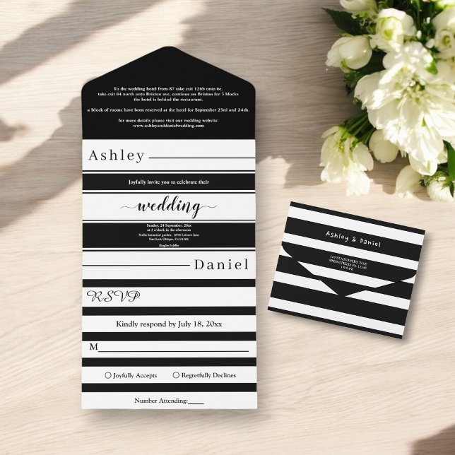 Modern Black And White Stripes Elegant Wedding All In One Invitation (Creator Uploaded)