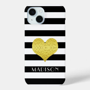 Modern Black And White Stripes Gold Heart Name iPhone 15 Case