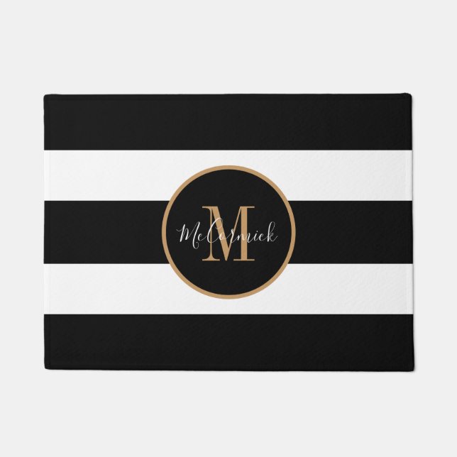 Modern Black And White Stripes Gold Monogram  Doormat (Front)