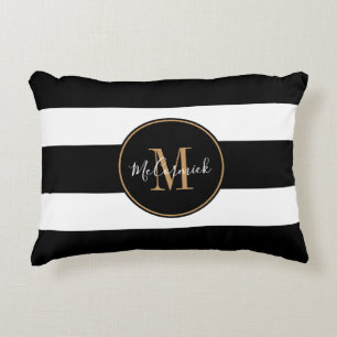 Modern Black And White Stripes Gold Personalised Decorative Cushion