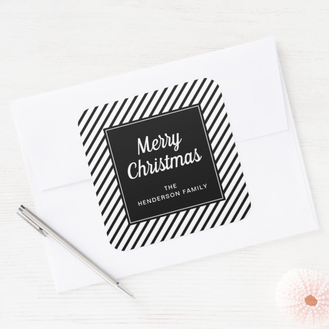 Modern Black And White Stripes Merry Christmas Square Sticker (Envelope)