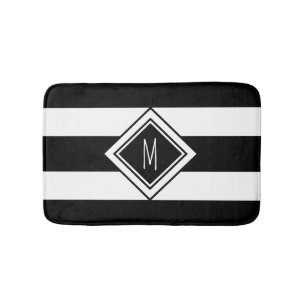 Modern Black and White Stripes Monogram Bath Mat
