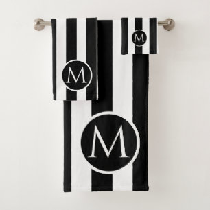 Modern Black and White stripes monogram Bath Towel Set