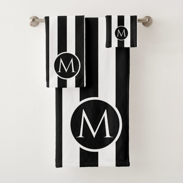 Modern Black and White stripes monogram Bath Towel Set (Insitu)
