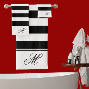 Modern Black and White stripes monogram bathroom B Bath Towel Set