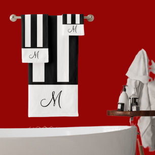 Modern Black and White stripes monogram bathroom Bath Towel Set