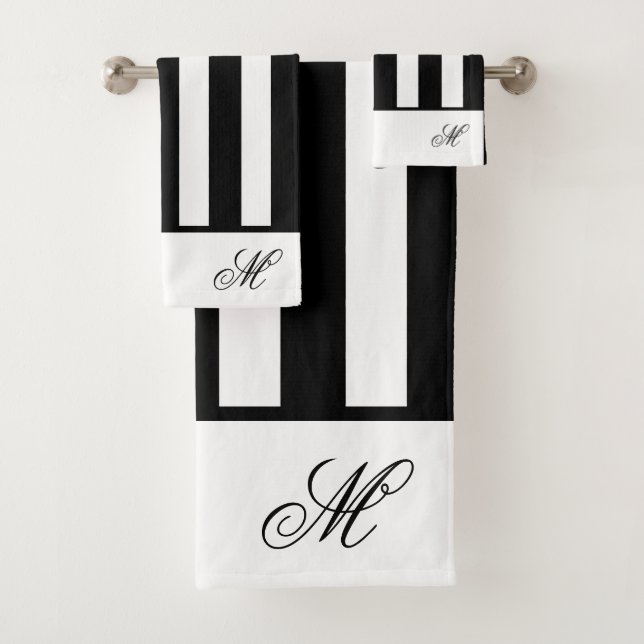 Modern Black and White stripes monogram bathroom Bath Towel Set (Insitu)
