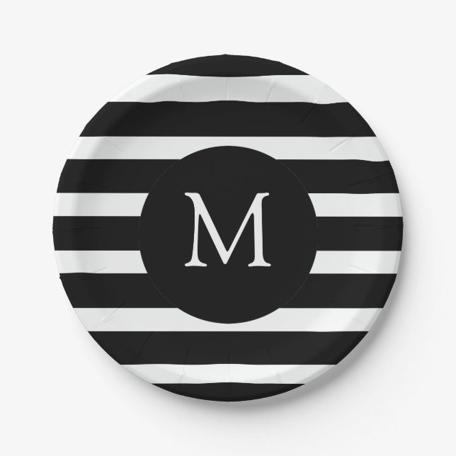 Modern Black and White Stripes Monogram Paper Plate (Front)