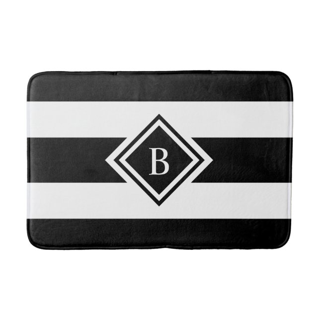 Modern Black and White Stripes Monogrammed Bath Mat (Front)