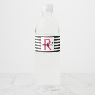 Modern Black and White Stripes Monogrammed Water Bottle Label