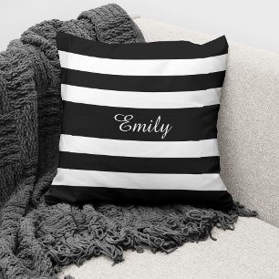 Modern Black And White Stripes Name Cushion