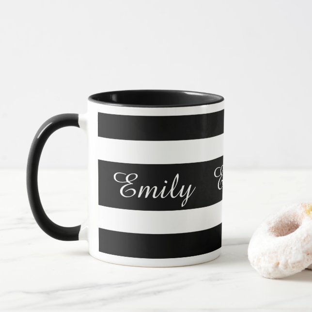 Modern Black And White Stripes Name Mug (With Donut)