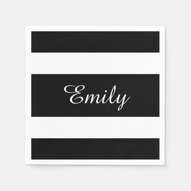 Modern Black And White Stripes Name Print Napkin (Front)
