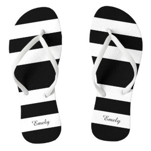 Modern Black And White Stripes Name Thongs