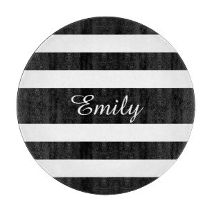 Modern Black And White Stripes Pattern Name Cutting Board
