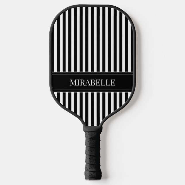 Modern Black and White Stripes Personalised Pickleball Paddle (Front)
