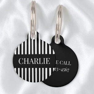 Modern Black and White Stripes Personalized Name Pet Tag