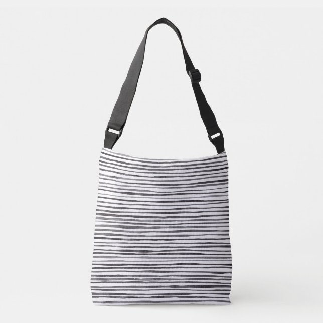 Modern Black and White Stripes Watercolor  Crossbody Bag (Front)