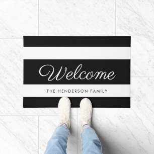 Modern Black And White Stripes Welcome Doormat