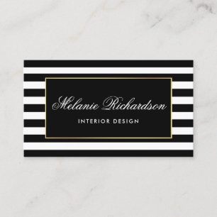 Modern Black and White Stripes with Gold Frame Business Card