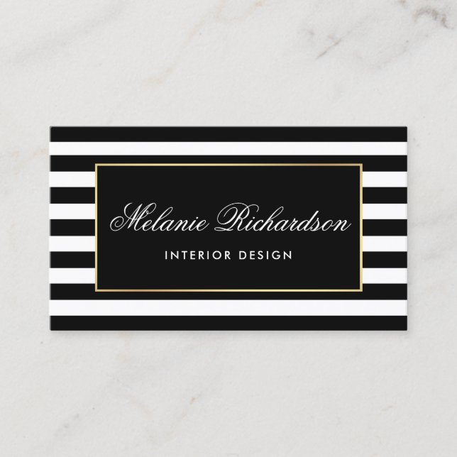 Modern Black and White Stripes with Gold Frame Business Card (Front)