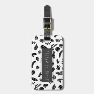 Modern Black and White Succulent Cactus Pattern Luggage Tag