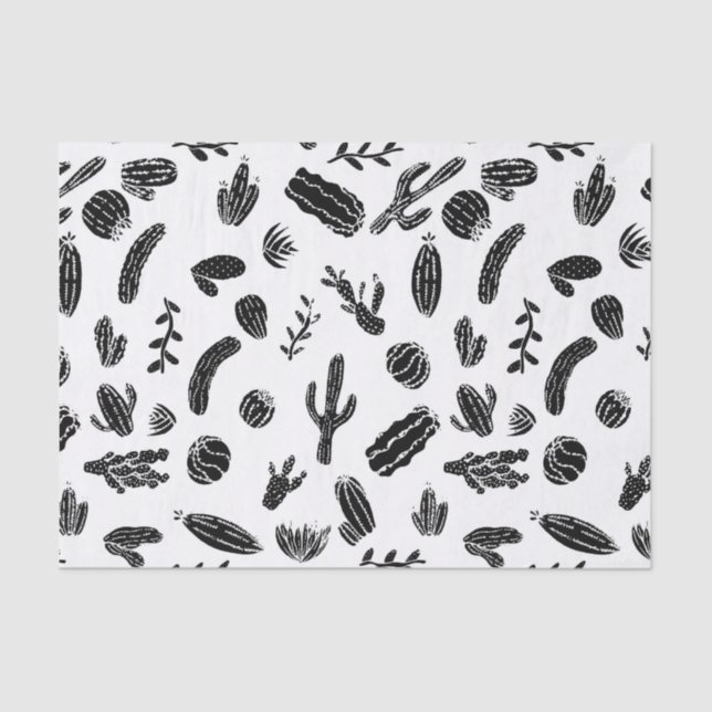 Modern Black and White Succulent Cactus  Pattern Tissue Paper (Front)