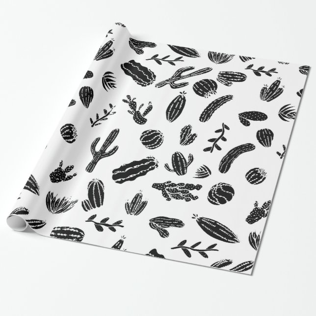 Modern Black and White Succulent Cactus  Pattern Wrapping Paper (Unrolled)