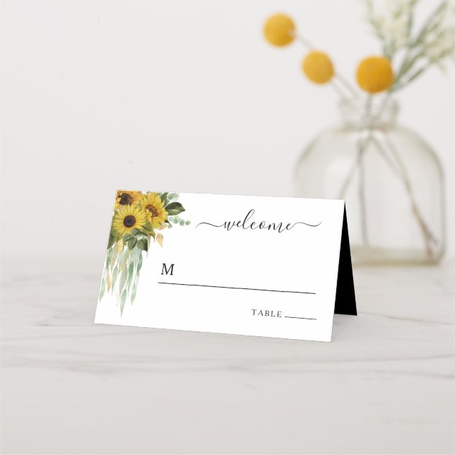 Modern Black And White Sunflower Wedding Place Card (Front)