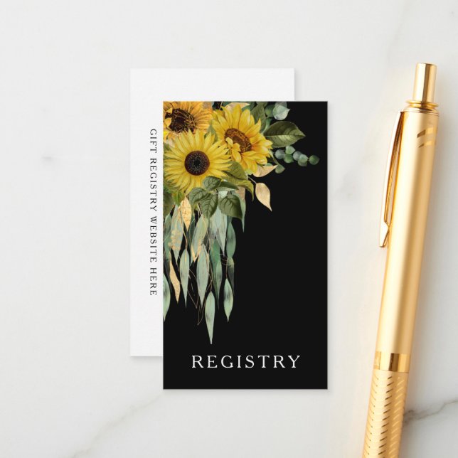Modern Black And White Sunflower Wedding Registry Enclosure Card (Front/Back In Situ)