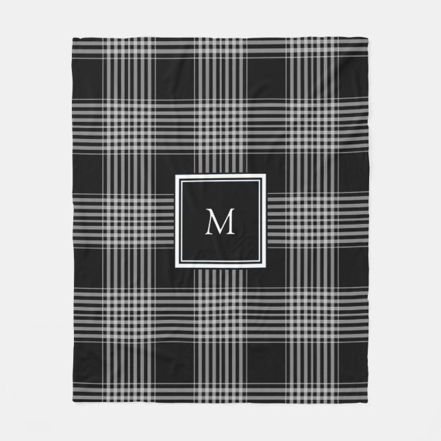Modern black and white tartan family monogram fleece blanket (Front)
