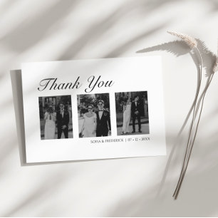 Modern Black and White Three Photo Wedding Thank You Card