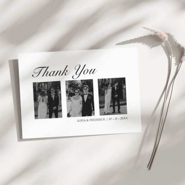 Modern Black and White Three Photo Wedding Thank You Card (Creator Uploaded)