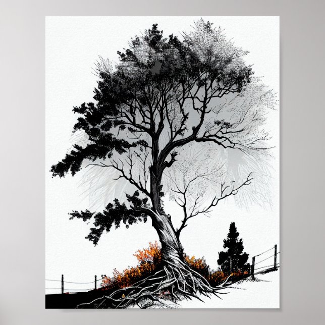 Modern Black And White Tree Sketch For Home Poster (Front)