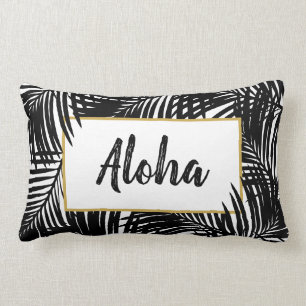 Modern Black and White Tropical Aloha Lumbar Cushion
