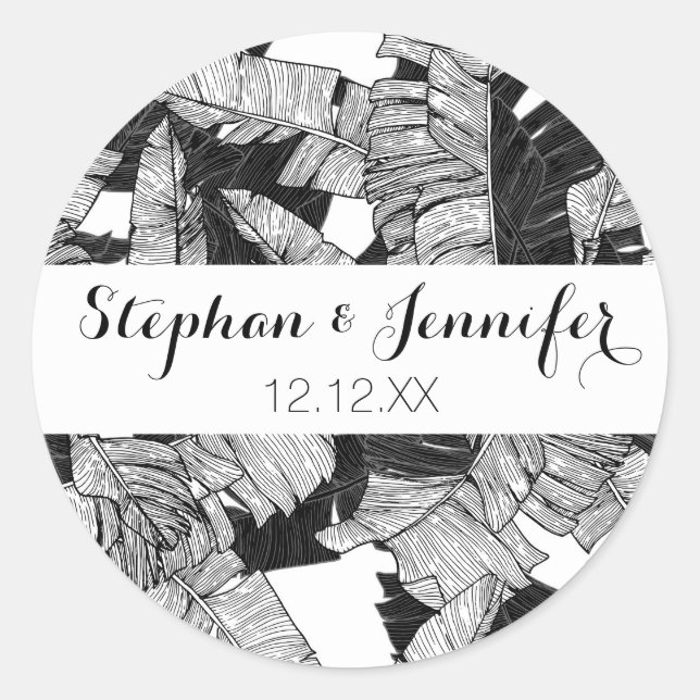 Modern Black and White Tropical Banana Leaves Classic Round Sticker (Front)